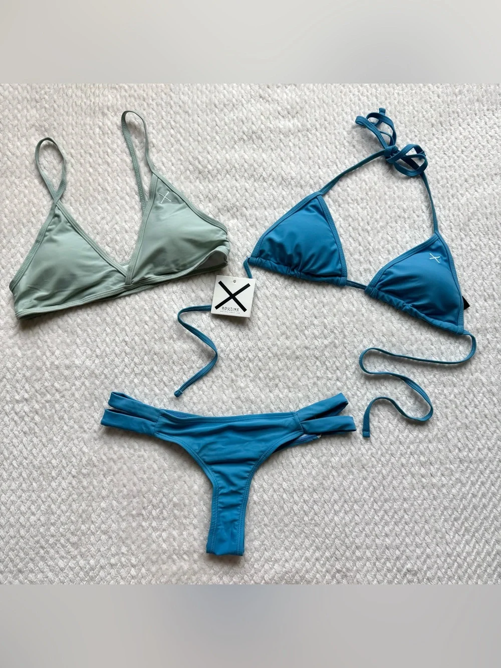 Boutine LA 3 Pc Bikini Set Swimsuit M Blue Mint 2 Tops 1 Bottom Beach Resort NWT